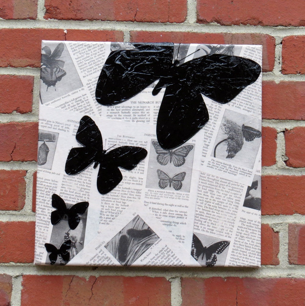 SALE - Modern Butterfly Silhouette Textured Print - 12x12 Square, Monochromatic Decoupage Newsprint on Canvas Reproduction