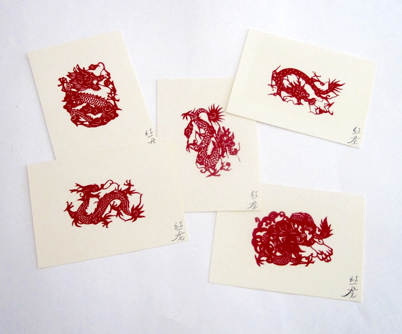 Chinese Red Dragons - 5 Blank Paper Cut Note Cards