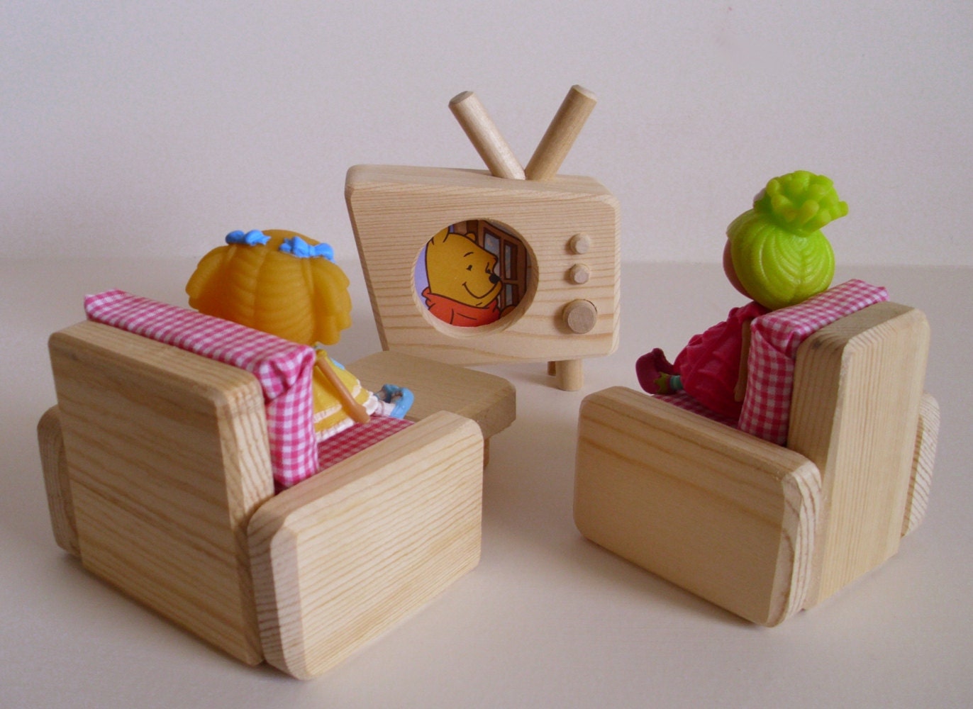 Mini Lalaloopsy-scale Doll Natural Wood Living Room Set, TV, Wooden Toy Furniture, Sofa Chair, Couch, Coffee table, Waldorf inspired
