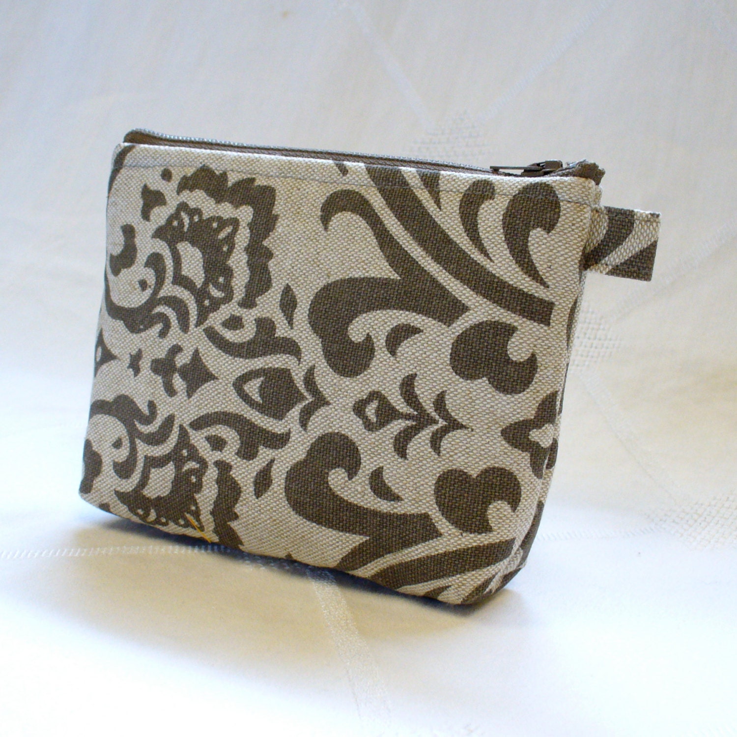 Cosmetic Bag Makeup Bag Gadget Bag Zipper Pouch Damask Ecru Linen Mocha Brown Handmade