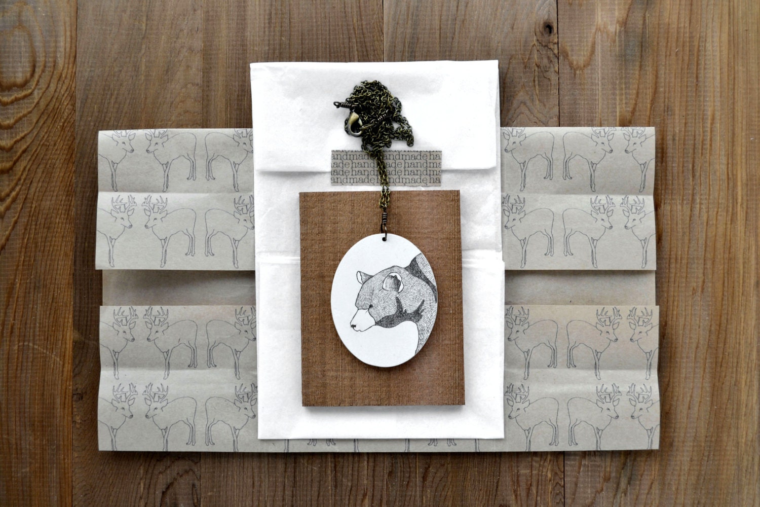 Spring Bear Necklace in Graphite - Hand Drawn Animal Portrait Pendant