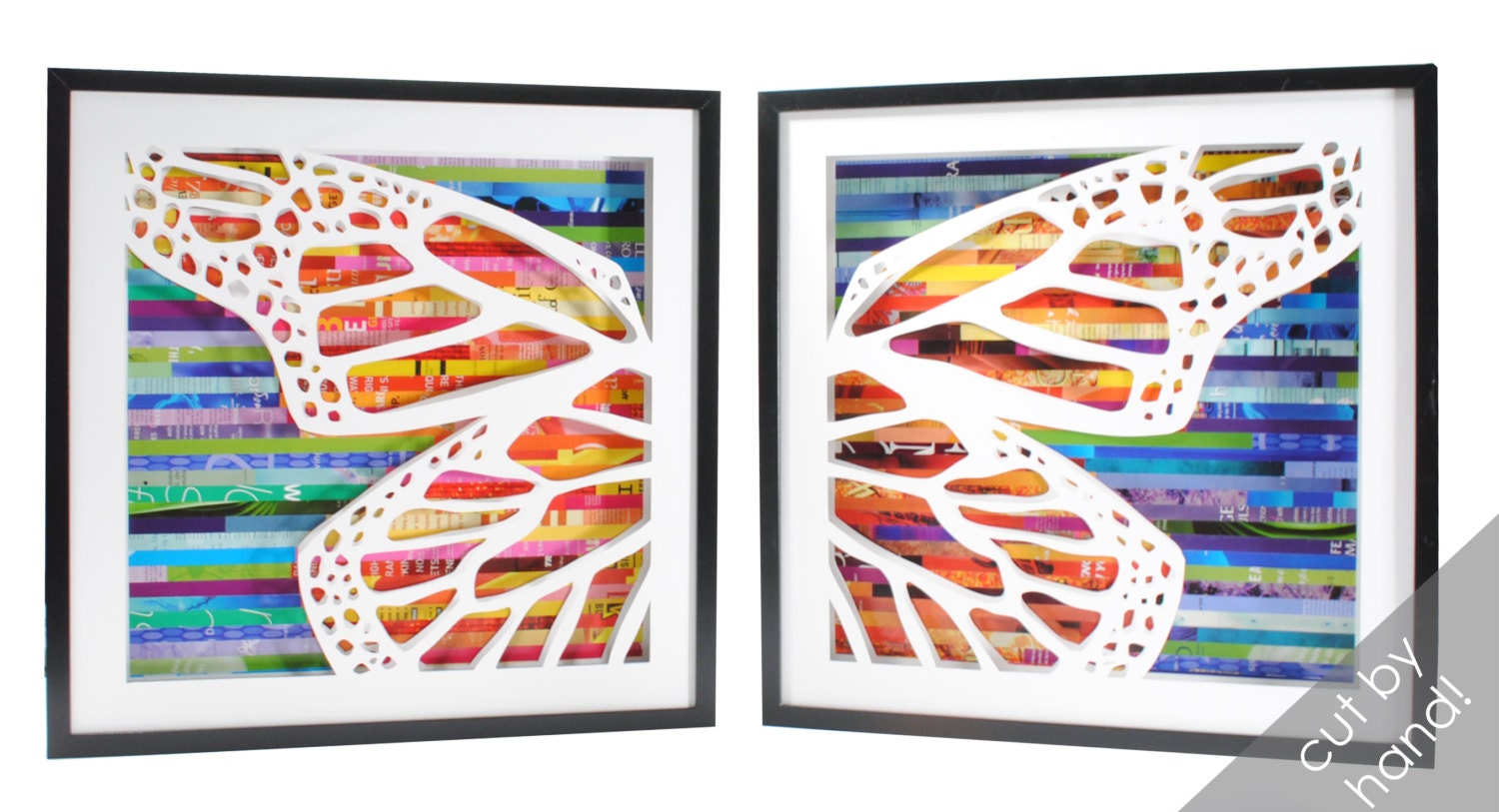pair of butterfly wing shadowboxes- made from recycled magazines, spring, colorful, butterflies