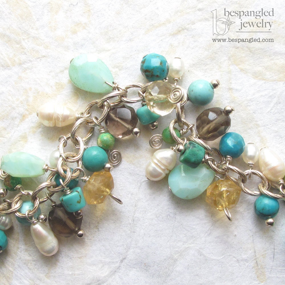 Spring Summer Multicolor Cluster Bracelet - Turquoise, White Pearl, Citrine, Peruvian Opal, Smoky Quartz (Sterling Silver)