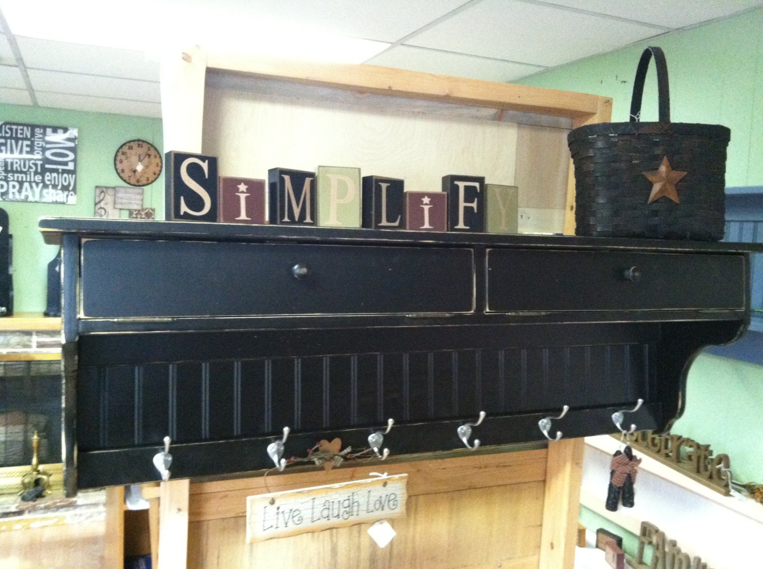 Wall Storage Unit Solid Wood Coat Rack Glove Storage Shelf Primitive Country