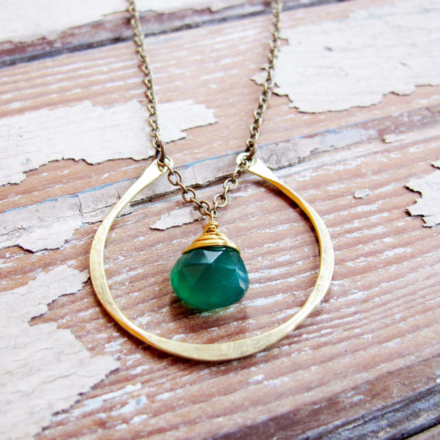 Spring's Chance - Brass Horseshoe Necklace - Green Onyx Necklace - Artisan Tangleweeds Jewelry