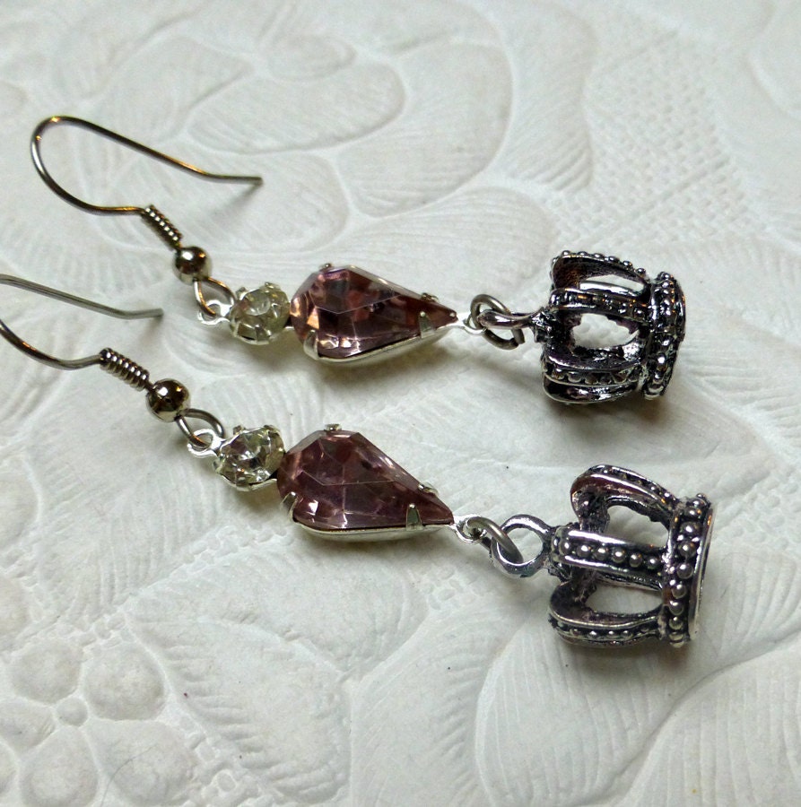 Vintage Lavendar Rhinestone Crown Earrings Surgical Steel