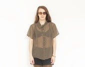 Olive chiffon short sleeve button down. S/M