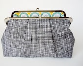 Clutch Purse - Black and White Hash Mark with Silver Clasp - Makeup Bag, Hand Made