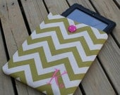 Monogrammed  Ipad Sleeve Green and Cream Chevron with Pink dot Fabric  Button and Elastic Loop Closure
