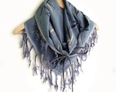 Nuno felt scarf. Triangle felt scarf with fringe. Denim blue baktus. Merino wool and fabric. Gift for her