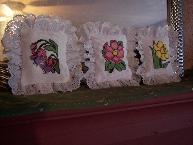 Think Spring...Set Of Three Cross Stitch Pillow Ornaments