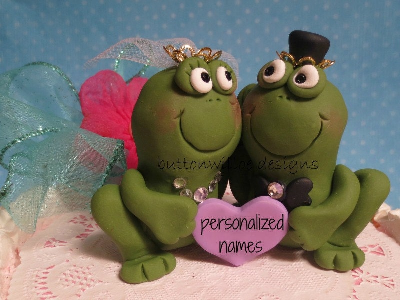 Frog Prince and His Princess Bride Funny Wedding Cake Topper Personalized on Pink Heart