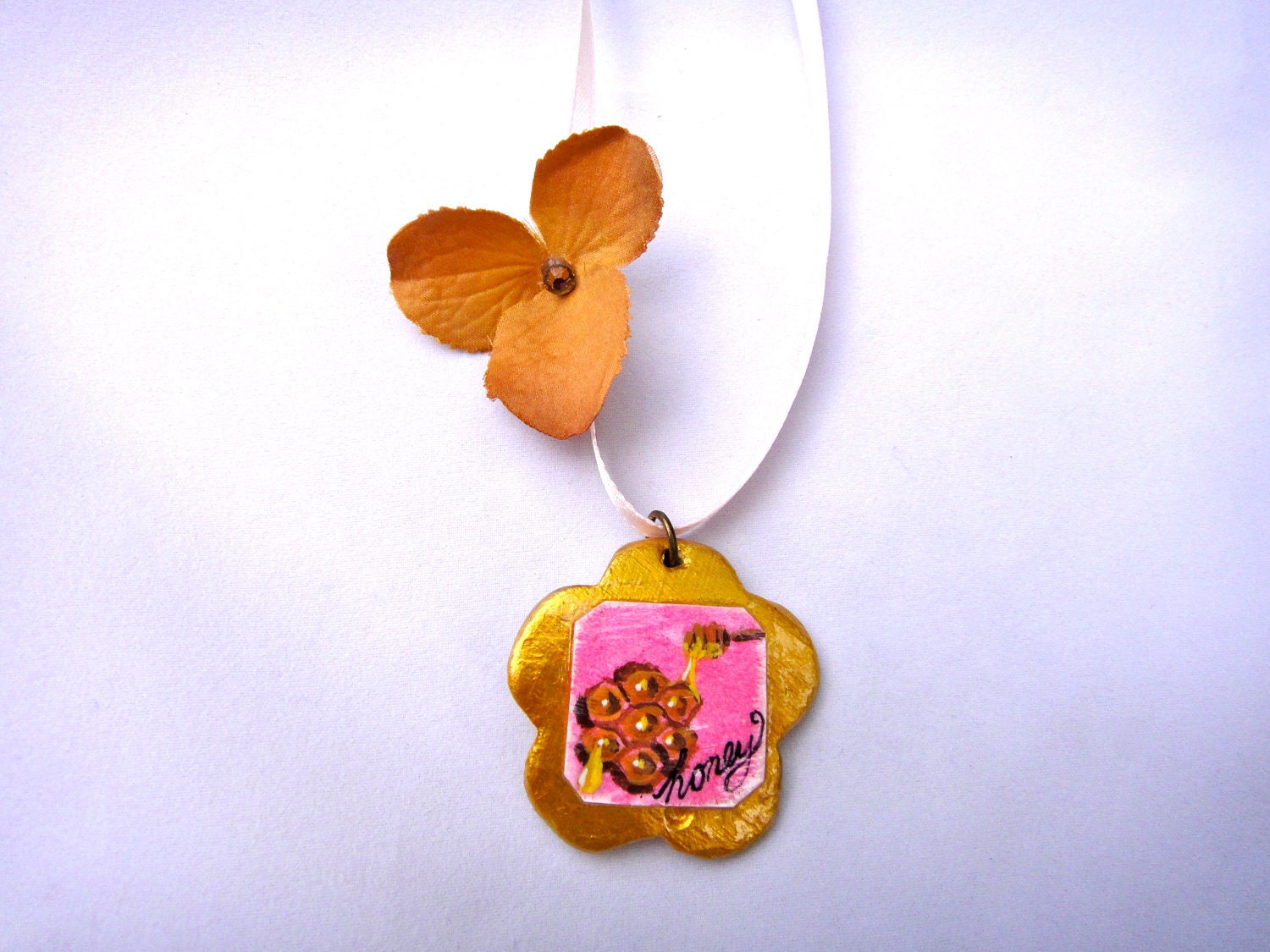 Honey flower necklace - gold and pink - hand painted - unique nature