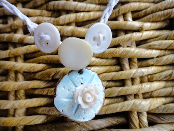 Sand Dollar necklace - polymer clay - white flower - vintage buttons - beach - gift - unique - hand sculpted