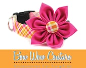 Pink Plaid Dog Collar Flower Set - Tartan in Poppy