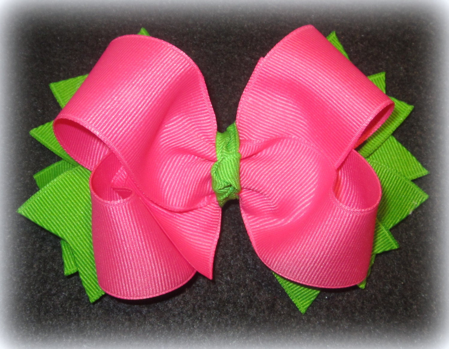 Pink and Lime Green Boutique Hair Bow 2 Layers of Ribbon and Spikes Fun Classic Hairbow