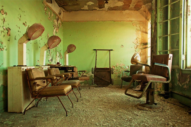 Cut and Color - 12x18 Fine Art Photography Print - abandoned salon hairdresser urban decay urbex Detroit mint green pink home decor chairs
