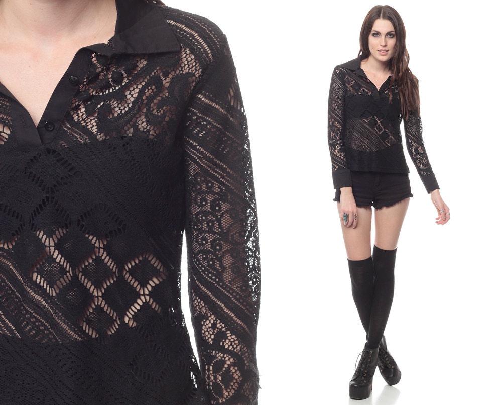 Crochet Lace Top 90s Black Sheer Long Sleeve Blouse 1990s Boho Vintage see through Geometric Collared Button Up Shirt Small Medium