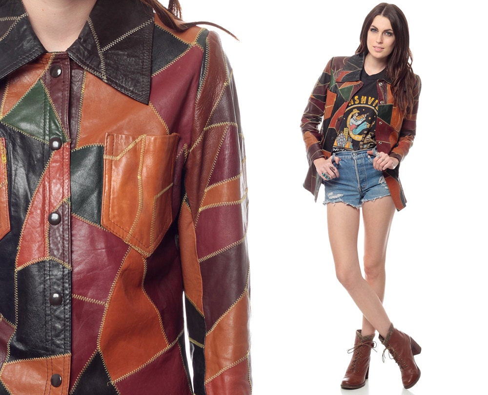 Leather PATCHWORK Jacket 70s Coat HIPPIE Caramel Black Burgundy Boho 1970s Vintage Collared Color Block Outerwear Extra Small S XS