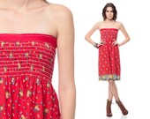 Strapless Mini Dress 70s Red Floral Boho Hippie SMOCKED Bohemian Cotton 1970s Sundress Festival Vintage High Waisted Yellow Extra Small XS