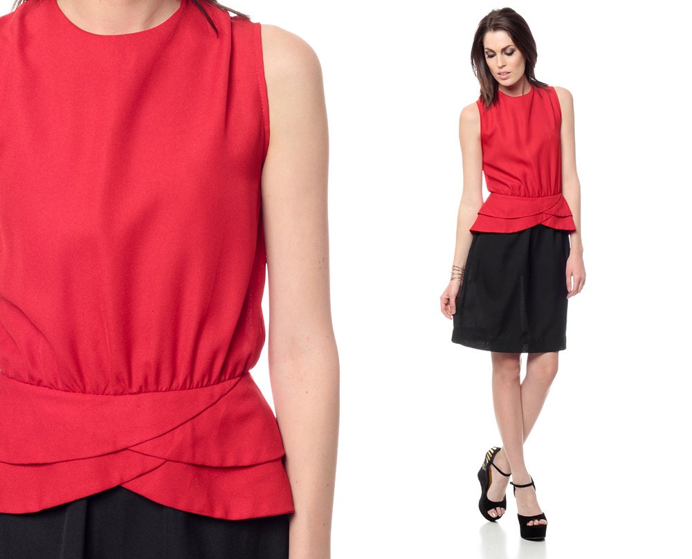 80s Peplum Dress Mini Secretary 70s Red Black Pencil Skirt Ruffle Sleeveless 1970s Vintage High Waisted Indie Office 1980s Dress Small