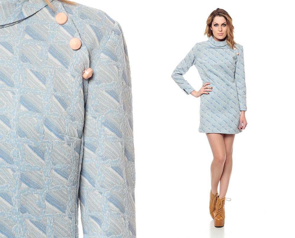 Mod Shift Dress 60s ASYMMETRICAL BUTTON Mini 1960s Light Blue Vintage Geometric Long Sleeve 70s Pastel Mock Turtleneck Sixties Medium Large