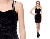Black Velvet Dress 80s BODYCON Mini Triple Spaghetti Strap 1980s Sweetheart Neckline Party Body Con Grunge Vintage 90s Extra Small xs s
