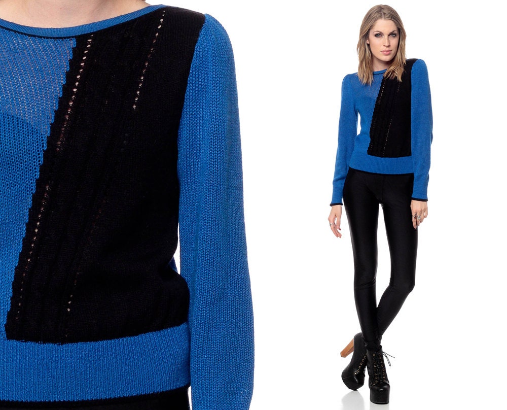 Color Block Sweater 70s Cable Knit Electric Blue Black CUT OUT 80s Long PUFF Sleeve Pullover 1970s Vintage Cutout Extra Small Medium xs