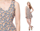 Floral GRUNGE Dress 90s Mini Ditsy Revival BUTTON Up 1990s Vintage Belted Blue Yellow Print V Neck Sleeveless Retro Dress Small Medium