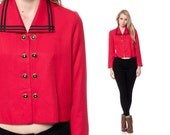 Red CROPPED Jacket 80s Short Button Up Indie HIPSTER Crop Vintage 1980s Collared Women Fitted Coat Retro Top Collar Small Medium
