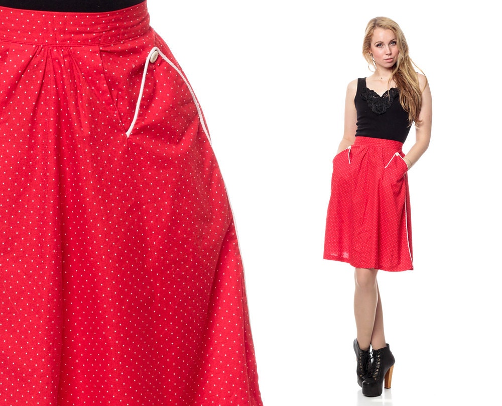 Red Polka Dot Skirt 70s POCKET High Waisted 1970s Midi Indie Vintage 80s Retro Hipster White Piping Cotton Skirt Extra Small XS