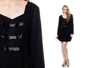 Black BOW Dress 80s Mini Pleated Party Long Sleeve Sheath 1980s Cocktail Vintage Evening LBD Sweetheart Little Black Minidress Large