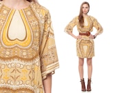 Dashiki Dress 70s Bell Sleeve CAFTAN Mini Hippie Ethnic HEART Boho 1970s Cotton Yellow Tunic Bohemian Vintage Extra Small Medium Large xs
