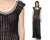 Crochet Maxi Dress 70s METALLIC Silver Charcoal SHEER Open Weave Knit 1970s Party Hippie Boho Long Evening Vintage Bohemian Small Medium