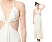 Side Cut Out Dress 70s Maxi White GRECIAN Goddess Cutout Drape Halter Neck 1970s BACKLESS Vintage Deep V Sexy Small
