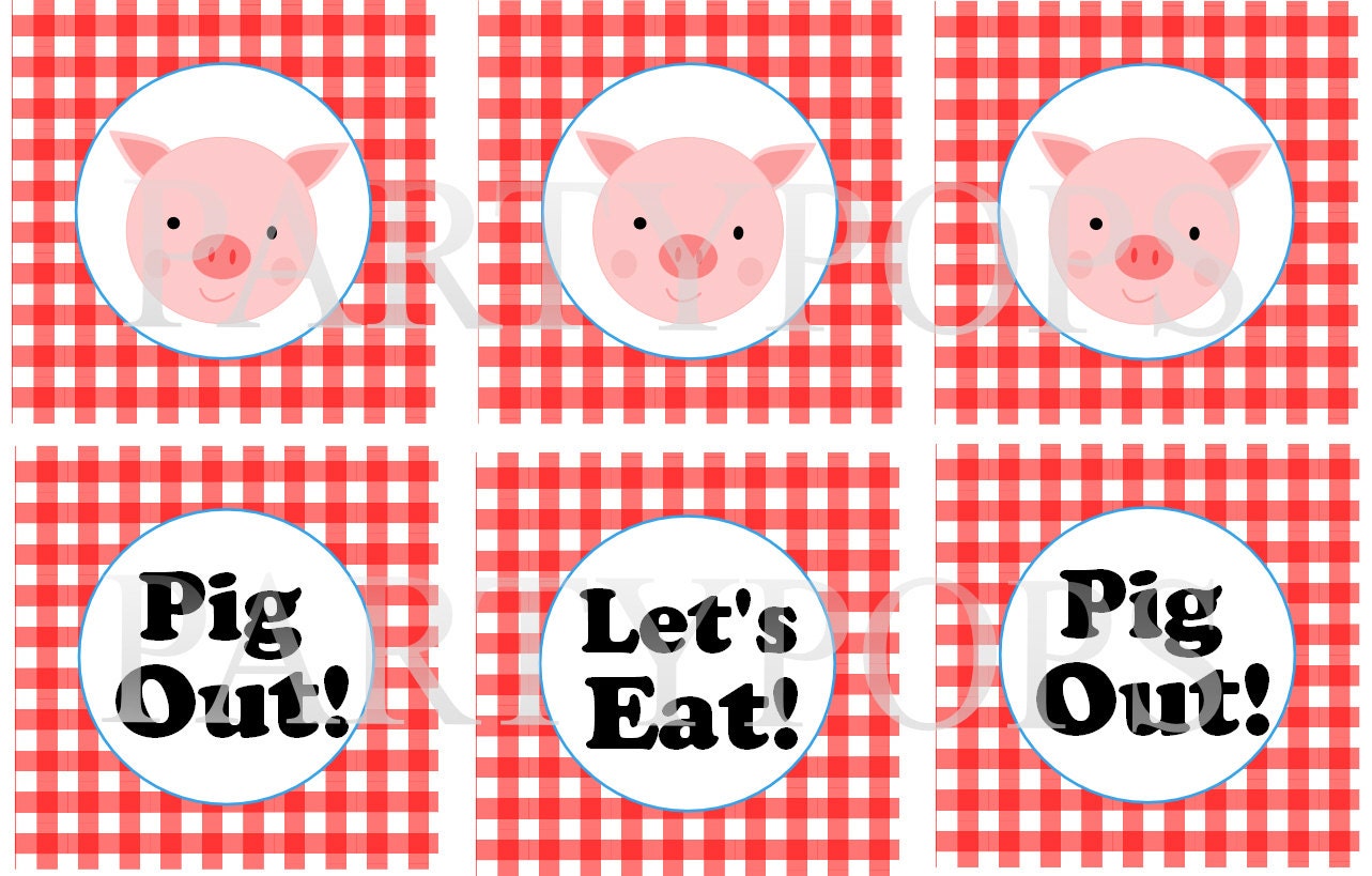 Diy BBQ Toppers, 2" circles,  Barbeque Party Decoration, Cupcake Topper, Food Pick,  Pig, Picnic,  Printable, INSTANT DOWNLOAD