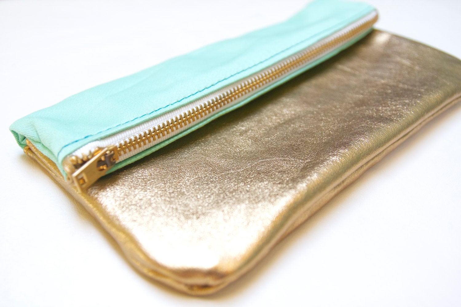 Leather Makeup Bag/Clutch in Mint & Gold