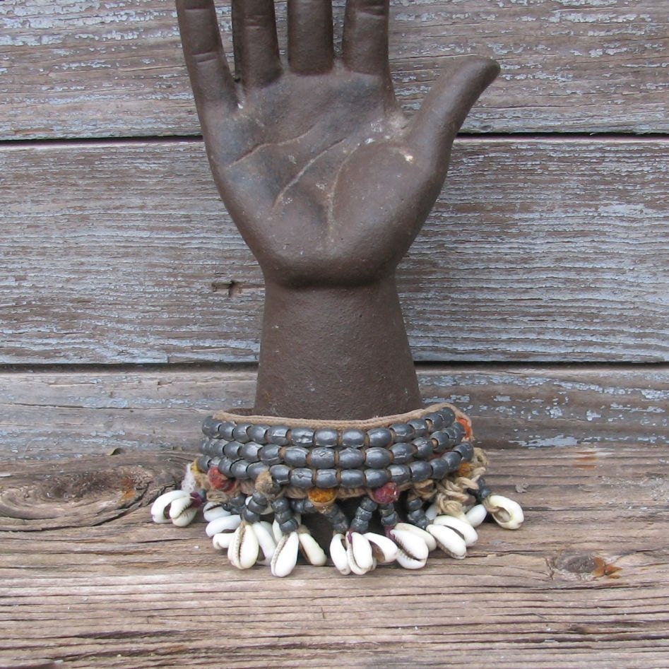 Tribal Belly Dance Vintage Banjara Fabric and Metal Bead Armlet w Cowry Drops
