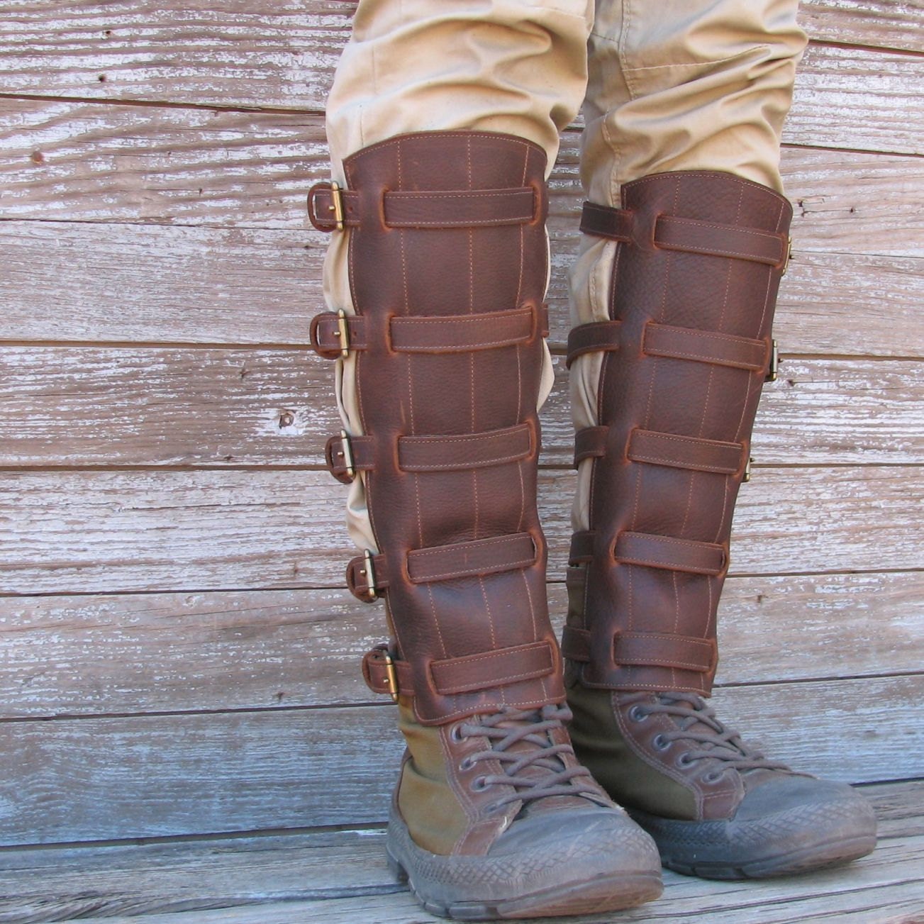 Steampunk Oiled Chocolate Brown Leather Shin Guards or Gaiters with Antique Brass Hardware
