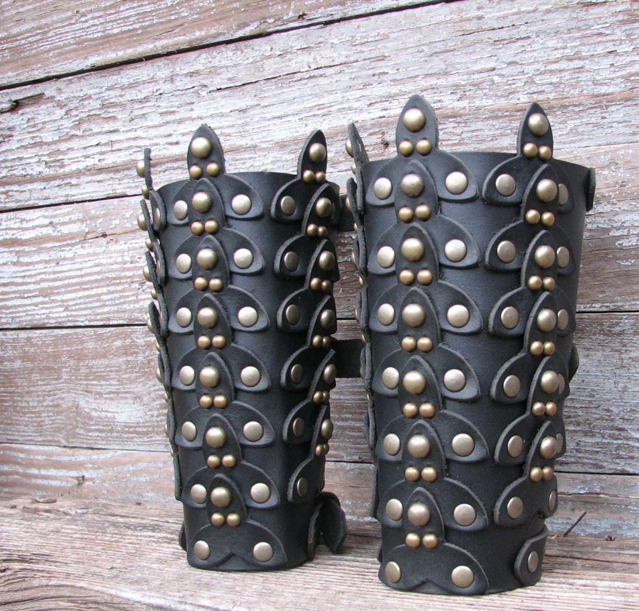Reenactment LARP Black Scaled Leather Bracers or Gauntlets with Antiqued Brass Hardware