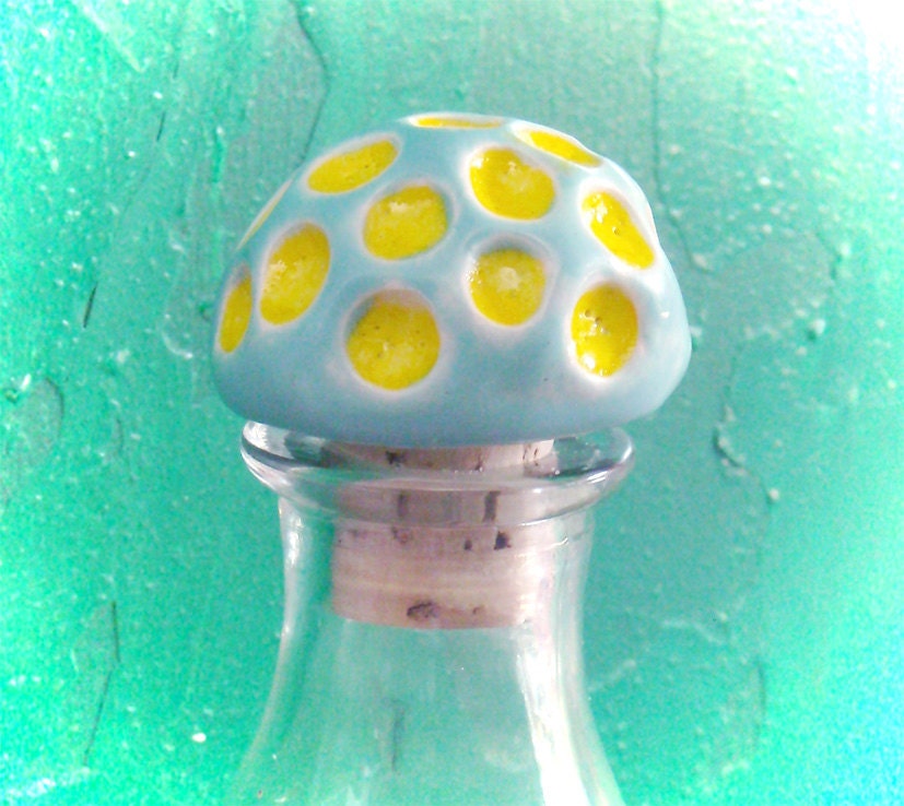 ceramic and cork Wine Stopper in shades of turquoise and yellow