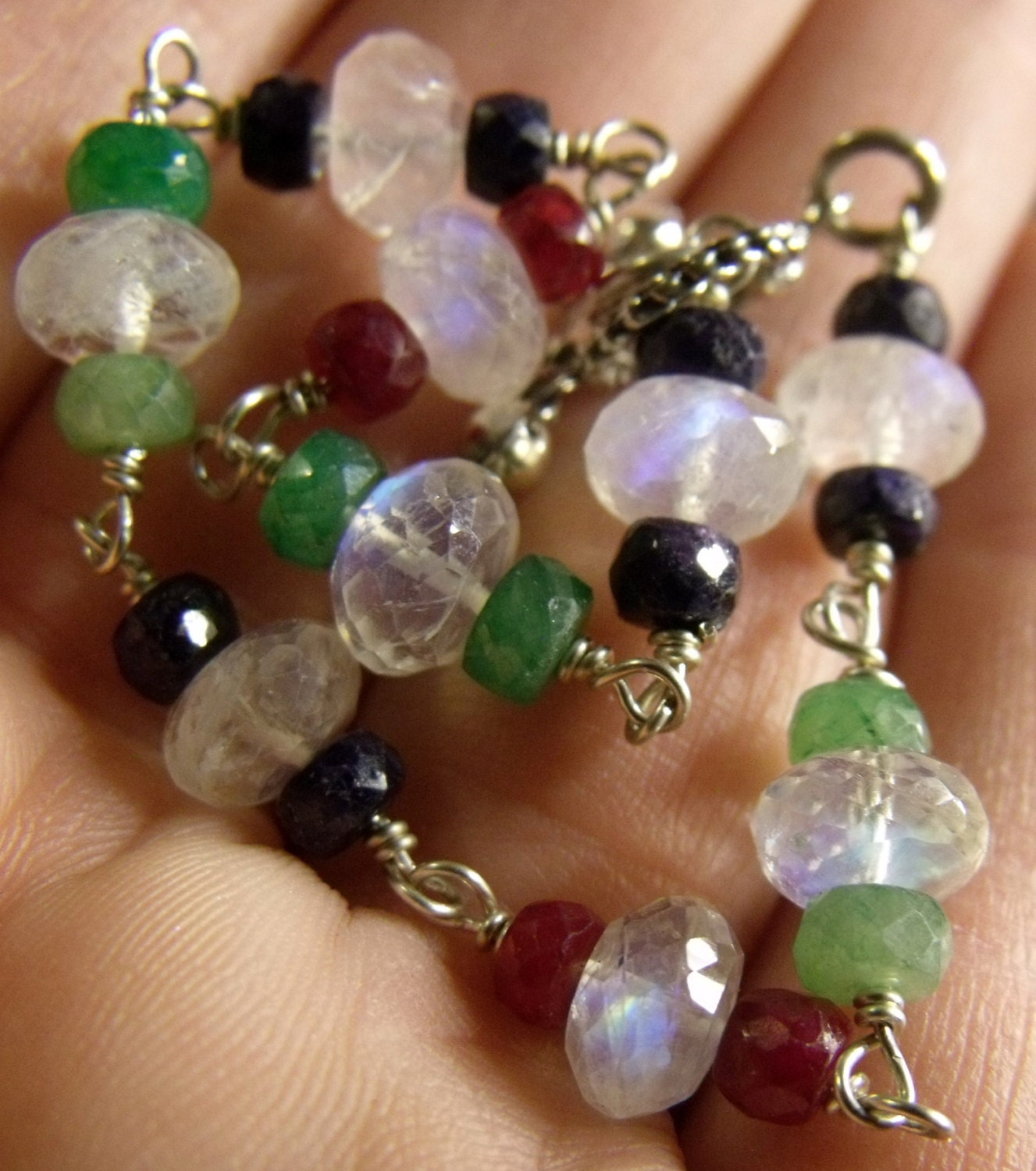 Rainbow Moonstone, Ruby, Sapphire, Emerald and Sterling Silver Bracelet - Wire Wrapped Gemstones