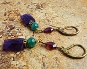 Amethyst Garnet Green Aventurine Earrings - Leverback, Antiqued Brass, Birthstone, Gemstone