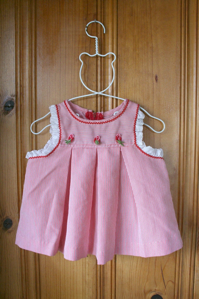 vintage baby girl's red striped dress with little roses