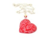 Red Rose Heart Necklace - Red White Roses - Millefiori Flowers Scarlet Crimson - Heart Pendant Bespoke Polymer Clay Design