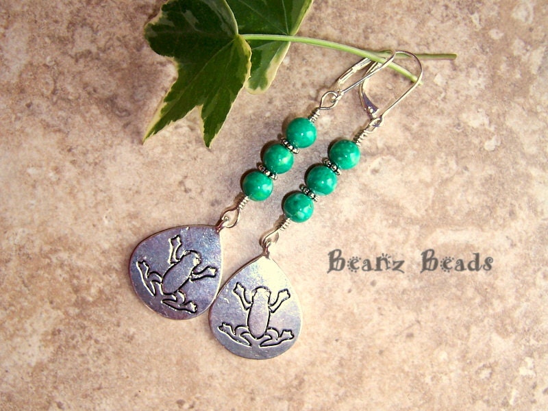 Green Hippie Frog Dangle Earrings with Kelly Green Mountain Jade Stones