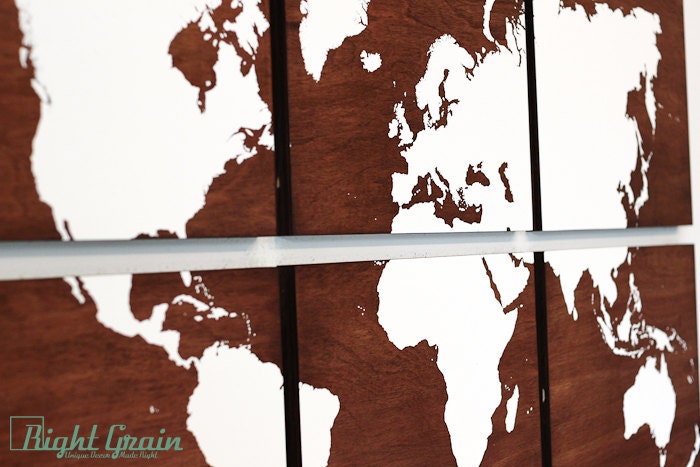 Large World Map Wall Art on Dark Stained Woodgrain Panels - 24x36