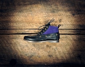 Handcrafted HIGHTOP Leather Boat Shoes - Pebbled Black Cowhide with Repurposed Purple Houndstooth Suede Details - MADE to ORDER
