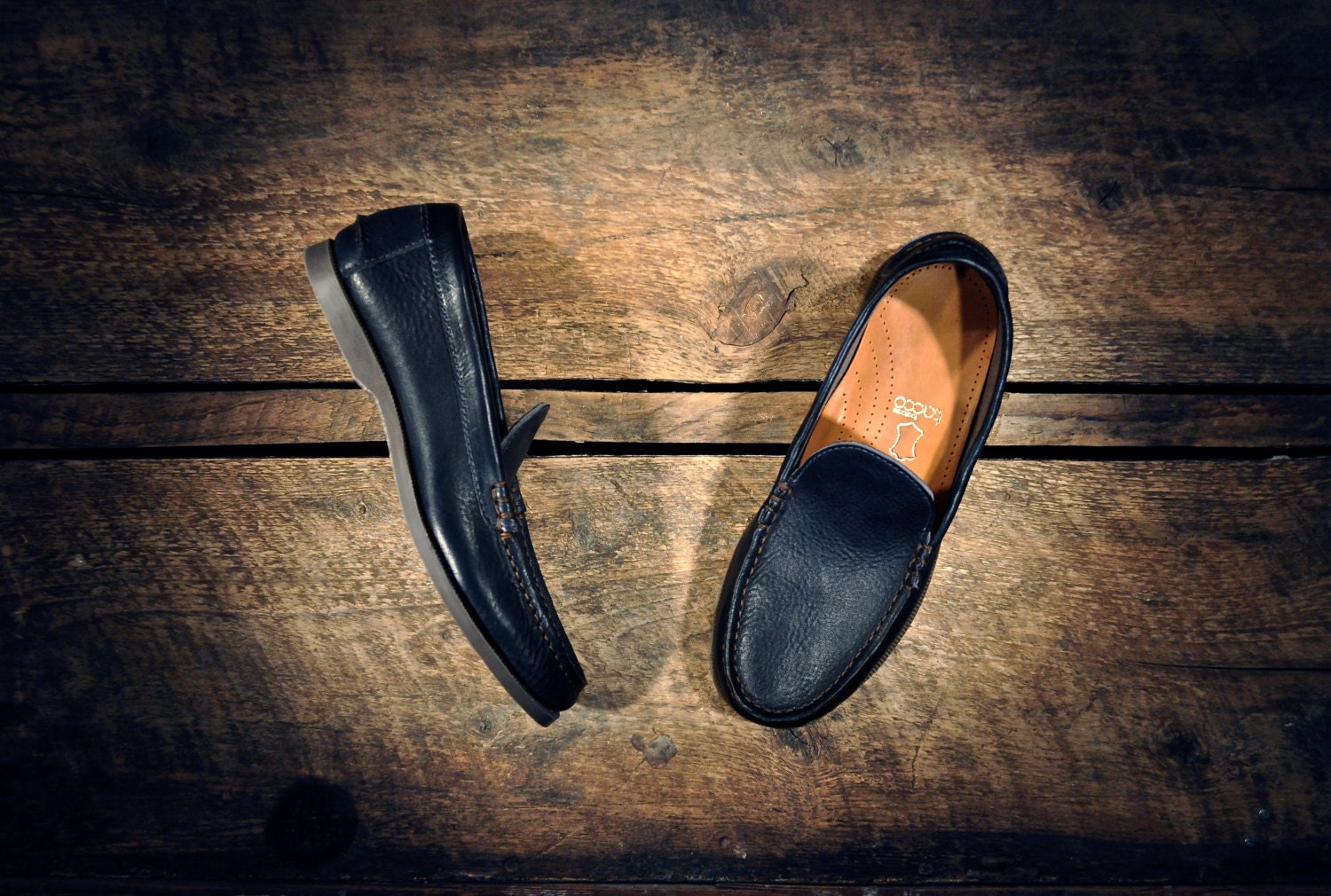 Handcrafted Leather Loafers - Navy Blue Cowhide - Waxed Brown Linen Thread - Naked - CUSTOM Made To Order