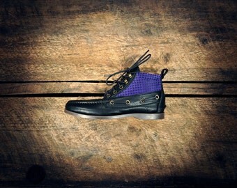 Handcrafted HIGHTOP Leather Boat Shoes - Pebbled Black Cowhide with Repurposed Purple Houndstooth Suede Details - MADE to ORDER